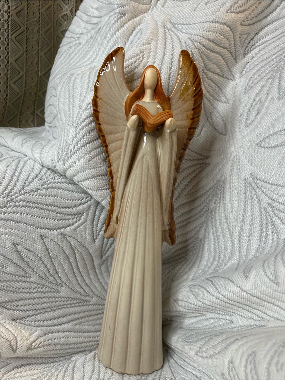 Ceramic Angel Figurine with Golden-Brown Wings